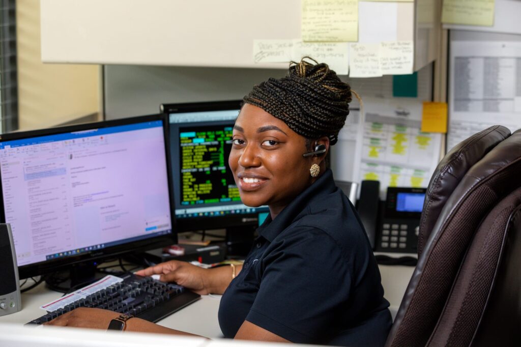 A woman working on the more technical services.