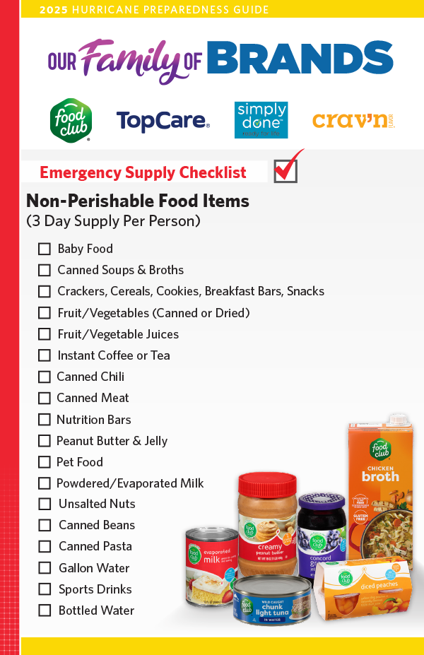 Hurricane Preparedness Checklist Page 4: Non-perishable food list for emergency pantry stocking featuring Our Family of Brands