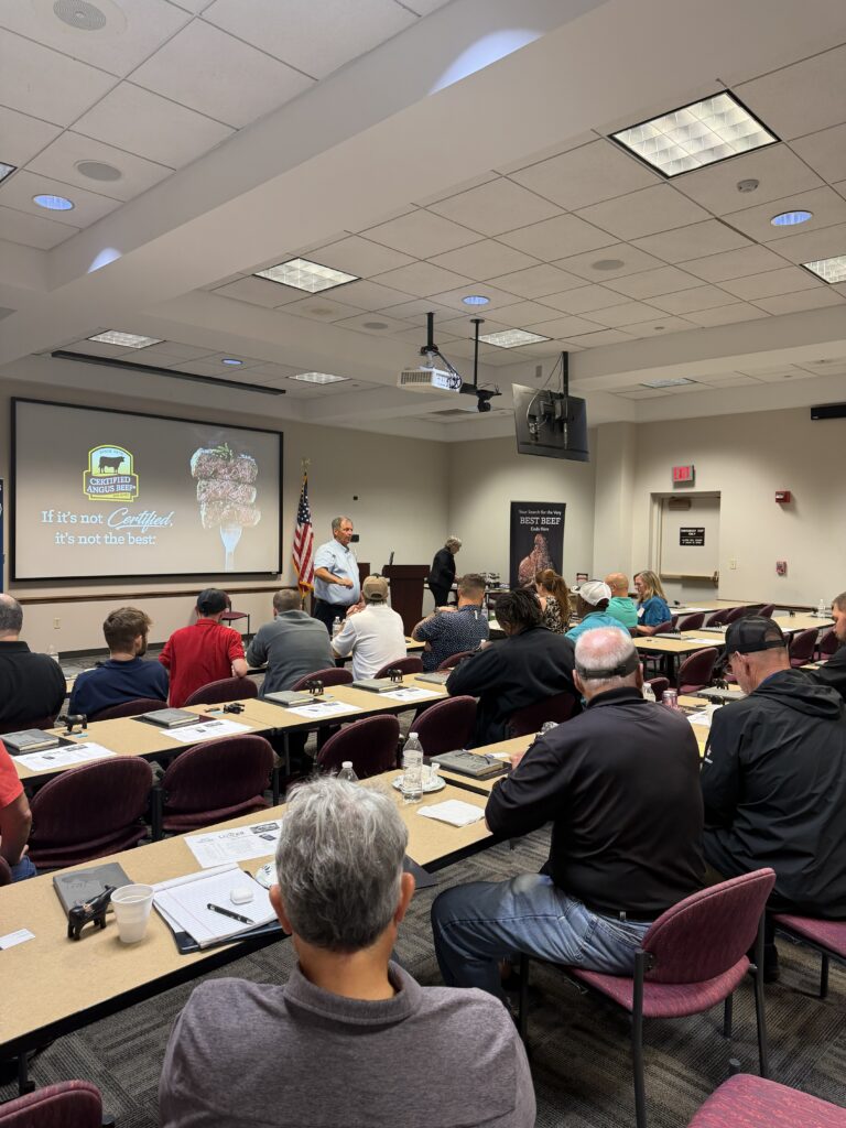 Certified Angus Beef® training presentation with attendees participating in an educational session and product quality workshop.
